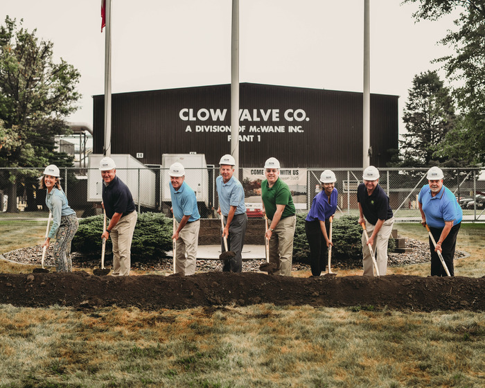 Left to right: Amber Rodgers, project manager Business Development, Iowa Economic Development Authority, Mark Willett, Mark Willett, vice president and general manager of Clow Valve, Phillip McWane, chairman of McWane, Inc., Kevin Bense, group president, McWane Waterworks and executive vice president of McWane, Inc., Dave Krutzfeldt, Mayor, City of Oskaloosa, Amal Eltahir, Oskaloosa city manager, Tom Flaherty, Mahaska County economic development director, Dean Markle, Metal Casting Facility plant manager